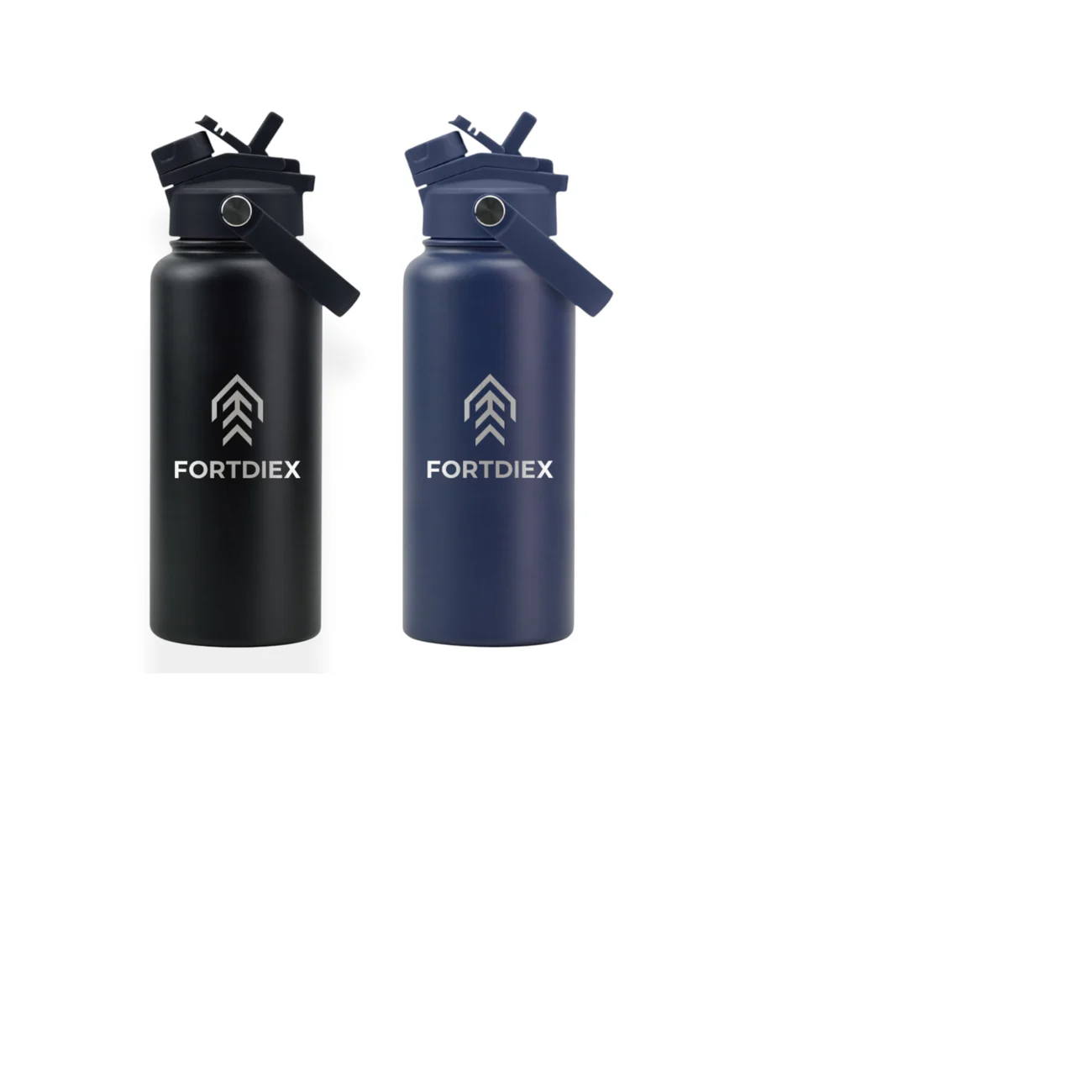 FORTDIEX 1L insulated bottle shown in Black and Navy Blue side by side.