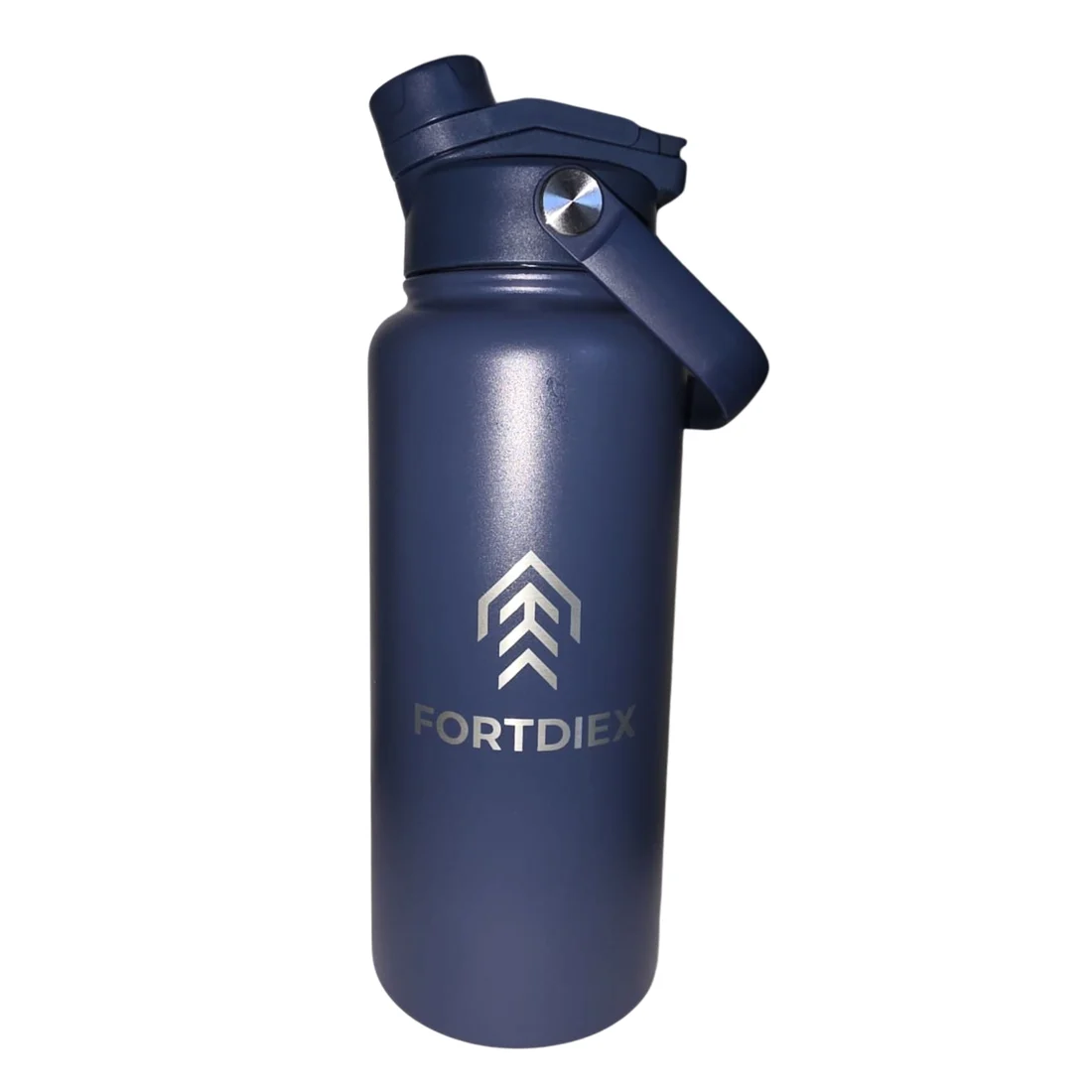 FORTDIEX 1L Navy Blue vacuum insulated stainless steel water bottle with two-in-one straw and spout lid and carry handle.