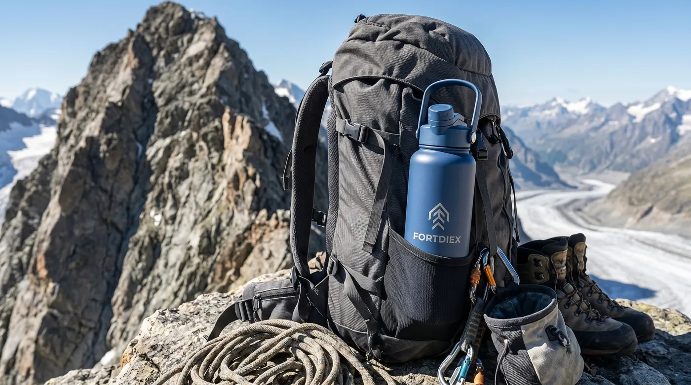 FORTDIEX Navy Blue bottle on a backpack at a mountain summit.