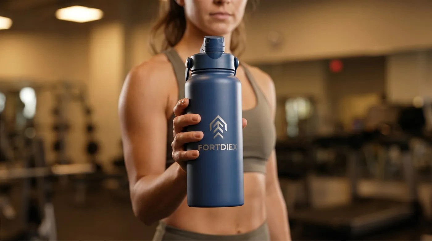 Athlete holding the FORTDIEX Navy Blue bottle in a gym.