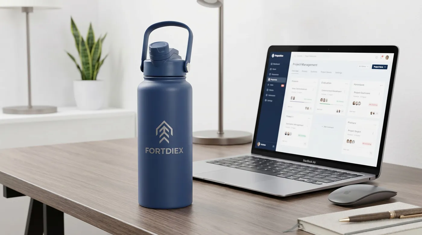 FORTDIEX Navy Blue bottle on a desk beside a laptop in a bright workspace.