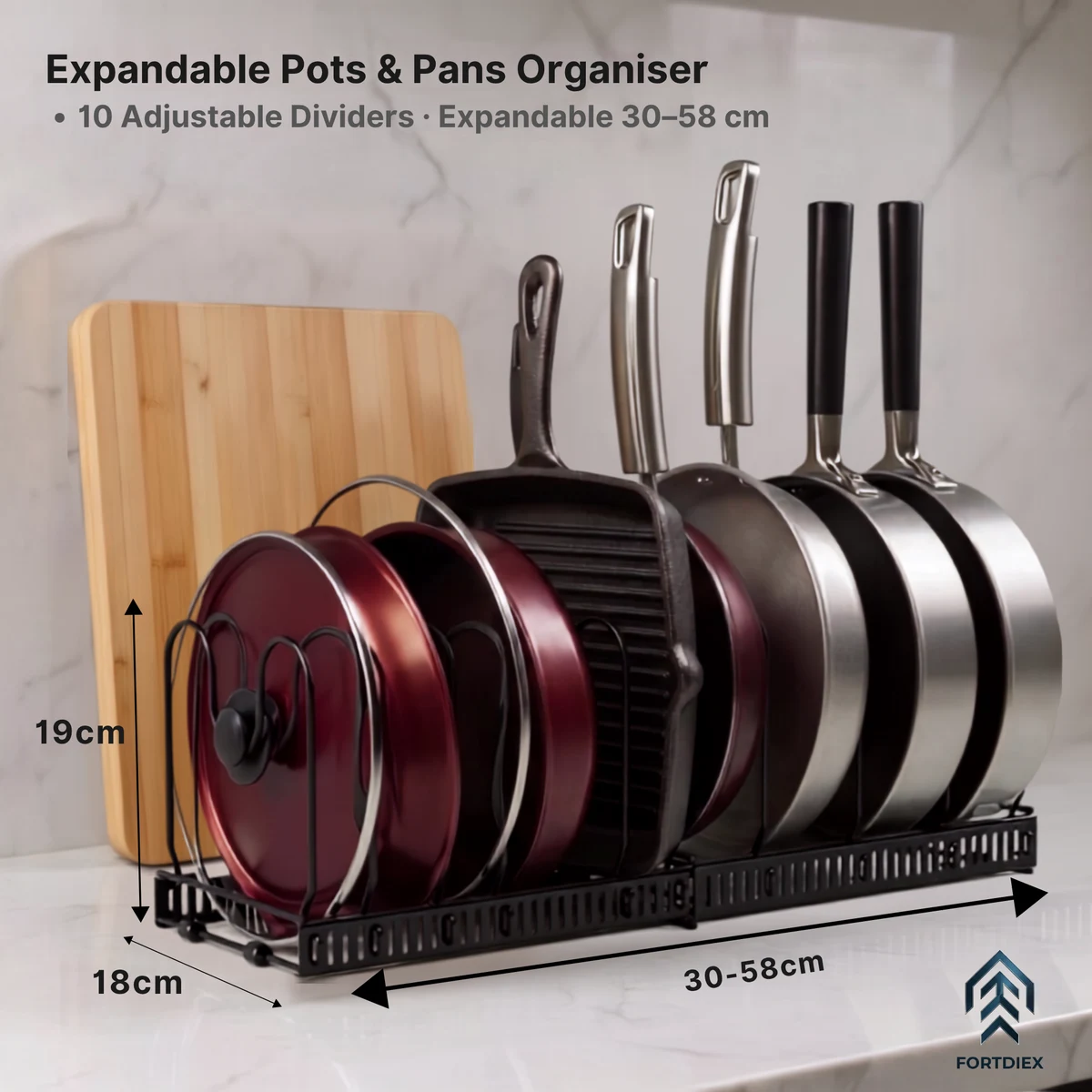FORTDIEX pot rack dimensions: expandable 30–58 cm wide, 19 cm high, 18 cm deep, 10 adjustable dividers.